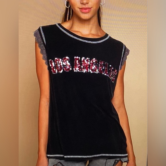 POL Tops - POL Black Los Angeles Muscle Tee with Sequin Lettering